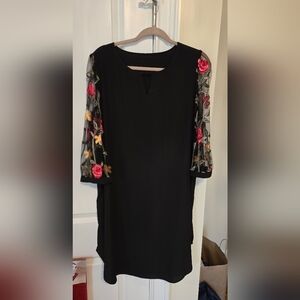 SHEIN Black Dress with Floral Embroidered Sleeves